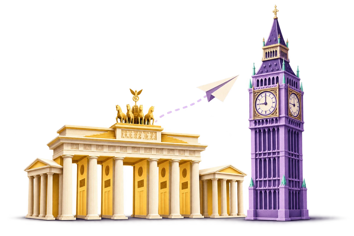 Playful golden Brandenburg Gate and purple Big Ben, connected by a paper plane